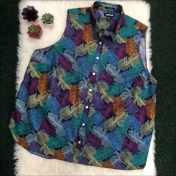 Lands End Deep Sea Navy Palm No Iron Top - Picture 2 of 12